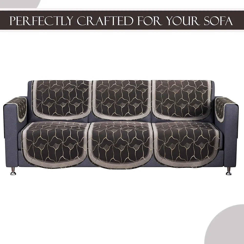 Kuber Industries Set of 16 Anti-Skid Sofa Cover 5-Seater with Arm Cover | Comfortable Slipcover Sofa Cloth & Furniture Protector for Home Decor | Arabica Look - Brown & Golden Foil